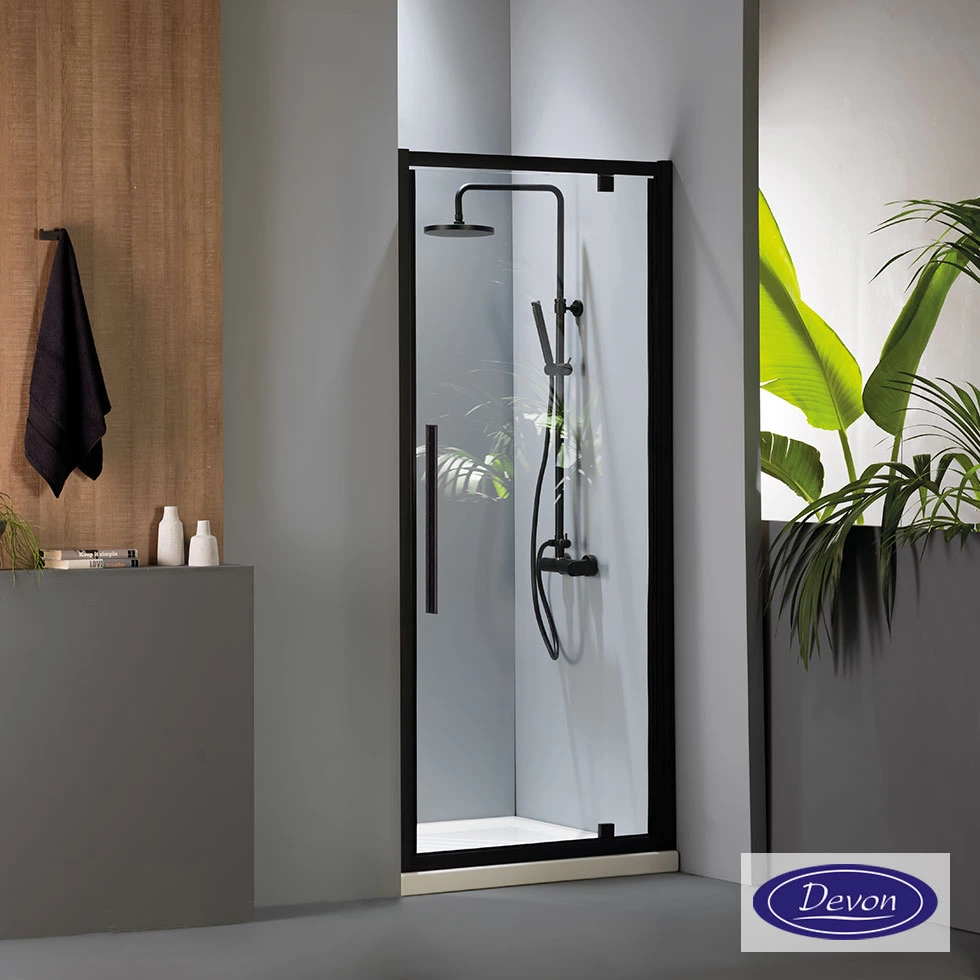 Pivot Shower Door 70, Height 195cm, Adjustable From 67 To 71cm, Devon Flow Clean Glass Black Matt