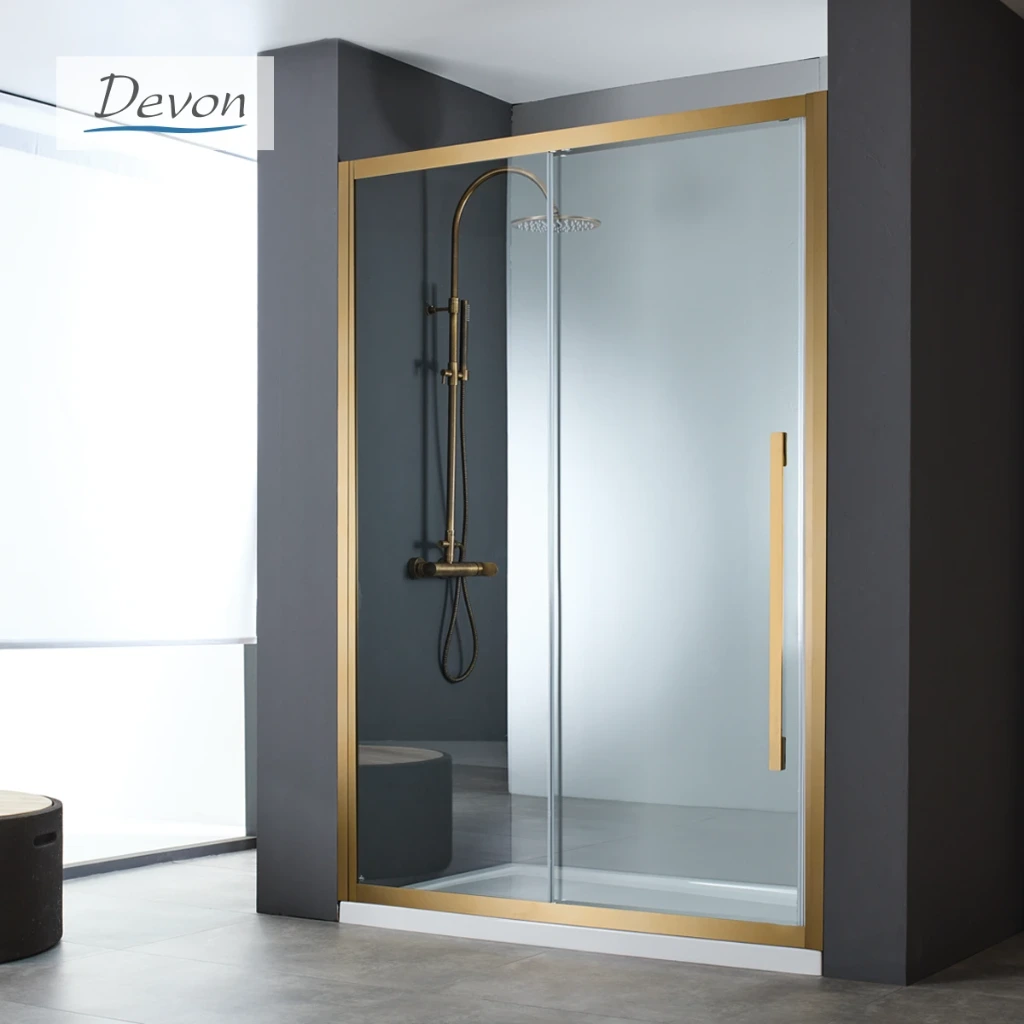 Sliding Shower Door Noxx 100, Height 200cm, Adjustable From 97 To 99cm, Devon Clean Glass AISI304 PVD Bronze Brushed